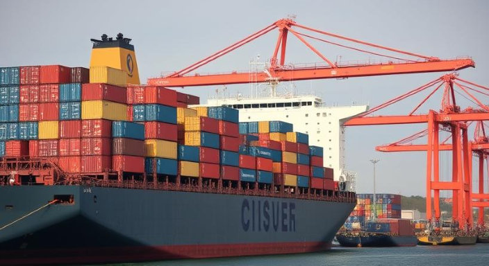 Cranes unloading shipping containers