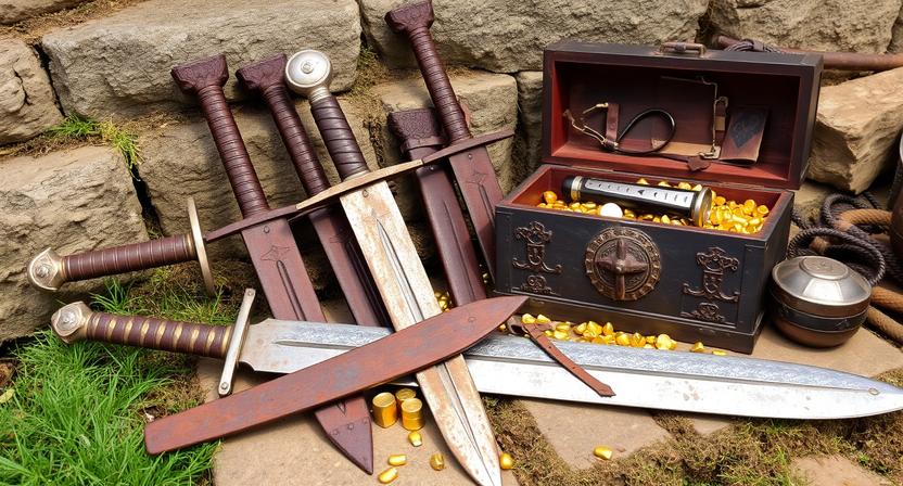 Rusted swords and chest with gold